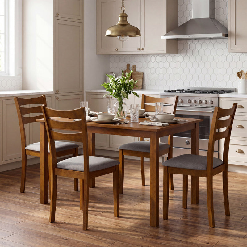 5-Piece Dining Table Set with Linen Fabric Upholstered Chairs and Solid Rubber Wood Frame for 4 People