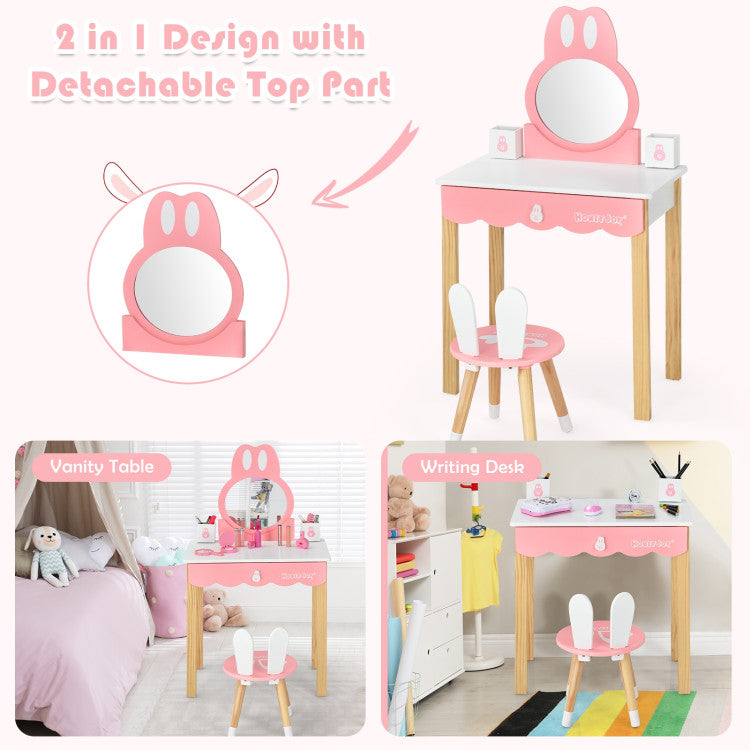 Kids Rabbit Vanity Table Chair Set with Mirror and Drawer