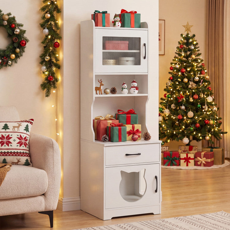 60" Cat Litter Box Enclosure with Adjustable LED Light & Storage Shelves and Charging Station
