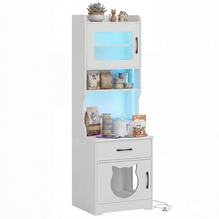 60" Cat Litter Box Enclosure with Adjustable LED Light & Storage Shelves and Charging Station