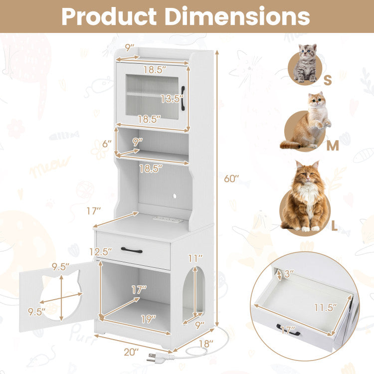 60" Cat Litter Box Enclosure with Adjustable LED Light & Storage Shelves and Charging Station