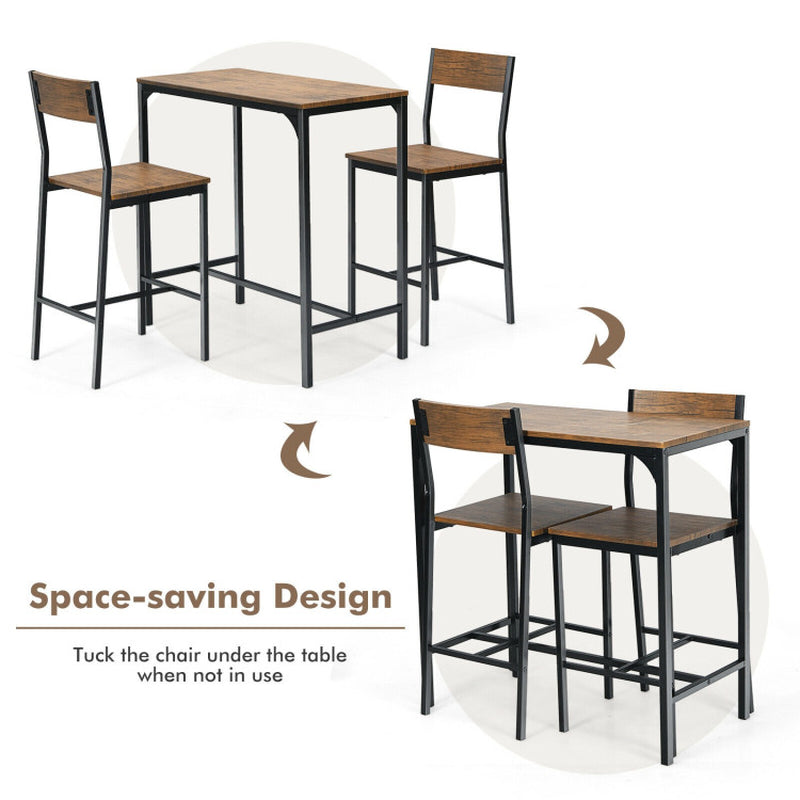 3 Pieces Bar Table Set with 2 Chairs Narrow Bar Furniture