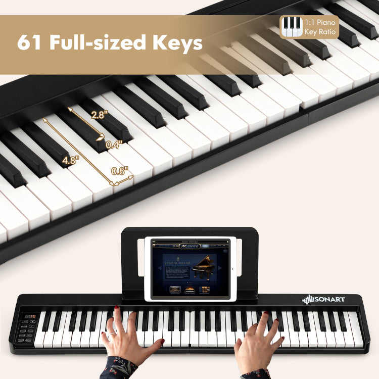 61-Key Folding Piano Keyboard with Full Size Keys and Music Stand