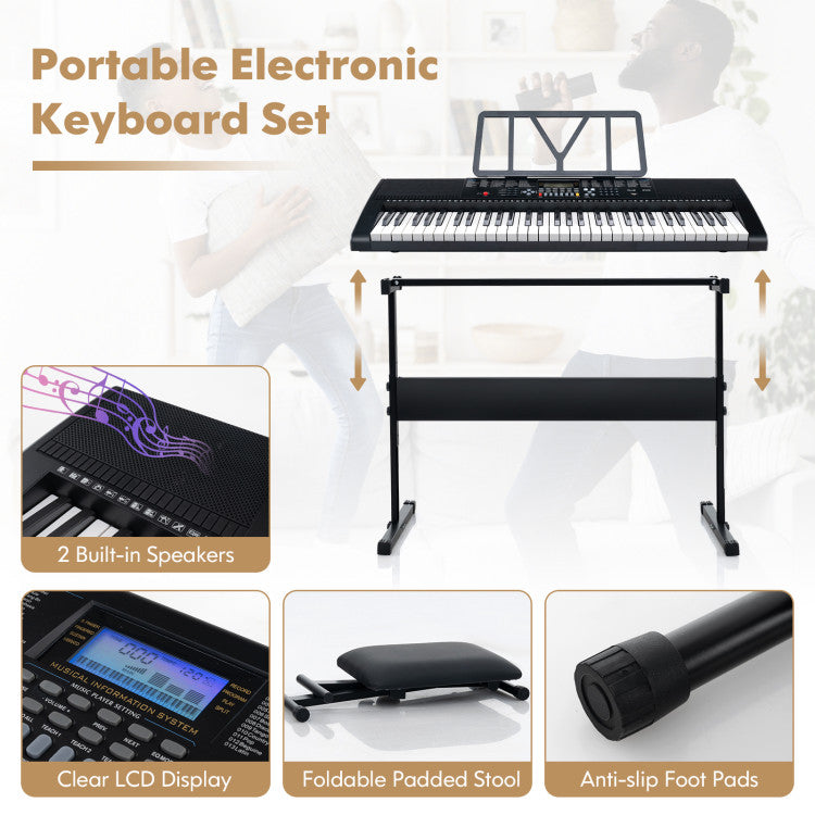 61-Key Portable Electronic Keyboard Piano with Stand and Stool