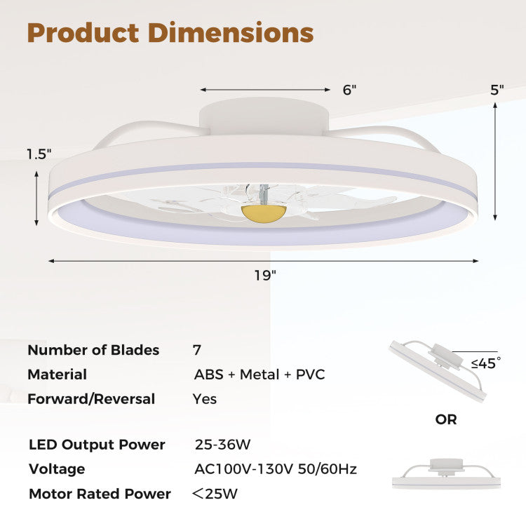 19 Inch Ceiling Fan Low Profile Flush Mount Fan with 3000-6500K Dimmable LED