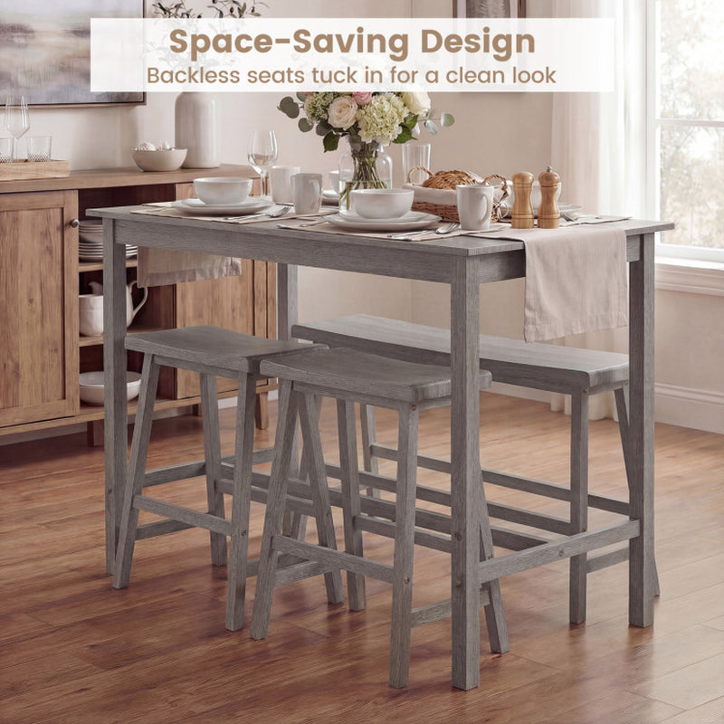 4-Piece Counter Height Dining Table Set with Power Outlet Solid Rubber Wood Kitchen Table