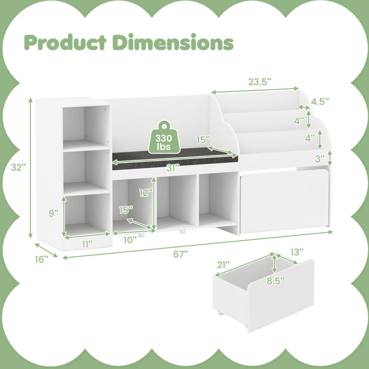 Kids Bookcase with Reading Nook 4-in-1 Standing Toy Organizer
