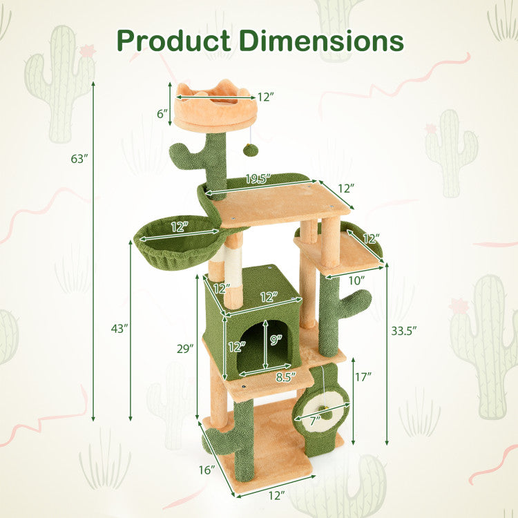 63 Inch Cactus Cat Tree with Sisal Scratching Posts and Board for Indoor Cats