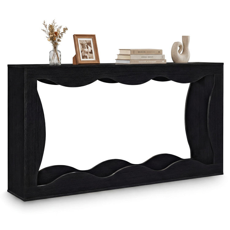63 Inch Console Table 2-Tier Narrow Entryway Table with Wavy Edge Storage Shelf