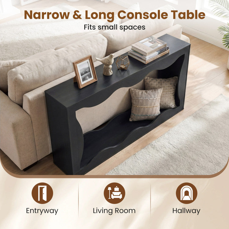 63 Inch Console Table 2-Tier Narrow Entryway Table with Wavy Edge Storage Shelf