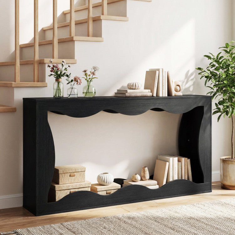 63 Inch Console Table 2-Tier Narrow Entryway Table with Wavy Edge Storage Shelf