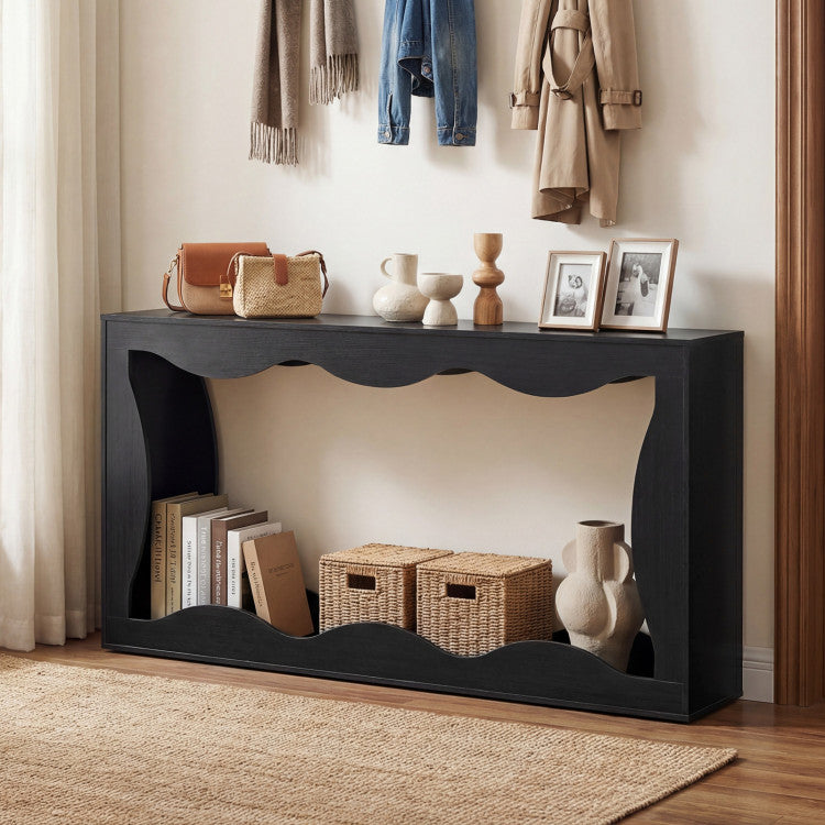 63 Inch Console Table 2-Tier Narrow Entryway Table with Wavy Edge Storage Shelf