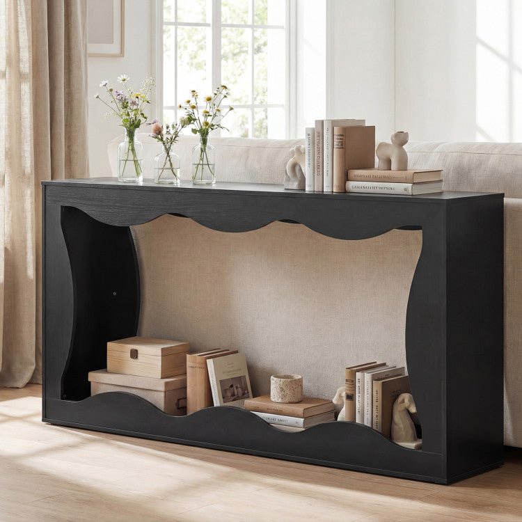 63 Inch Console Table 2-Tier Narrow Entryway Table with Wavy Edge Storage Shelf