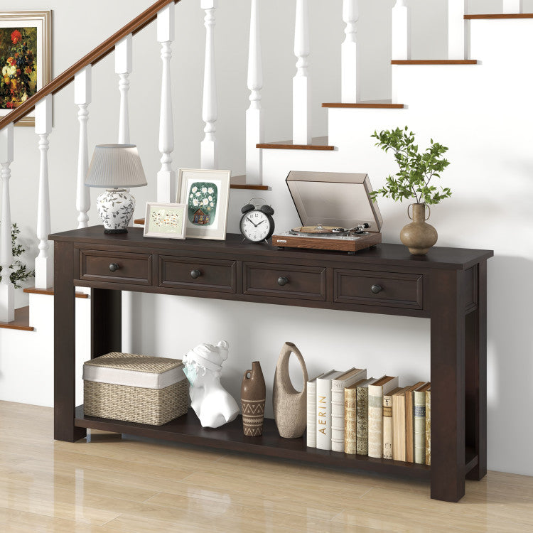 63 Inches Farmhouse Entryway Table with 4 Storage Drawers and Open Shelf