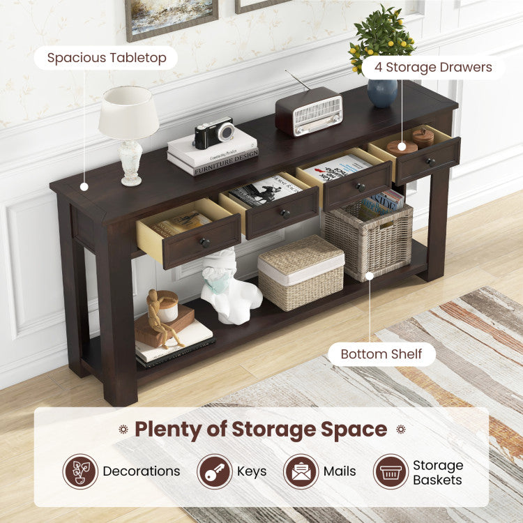 63 Inches Farmhouse Entryway Table with 4 Storage Drawers and Open Shelf