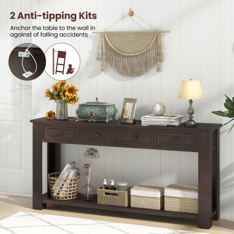 63 Inches Farmhouse Entryway Table with 4 Storage Drawers and Open Shelf