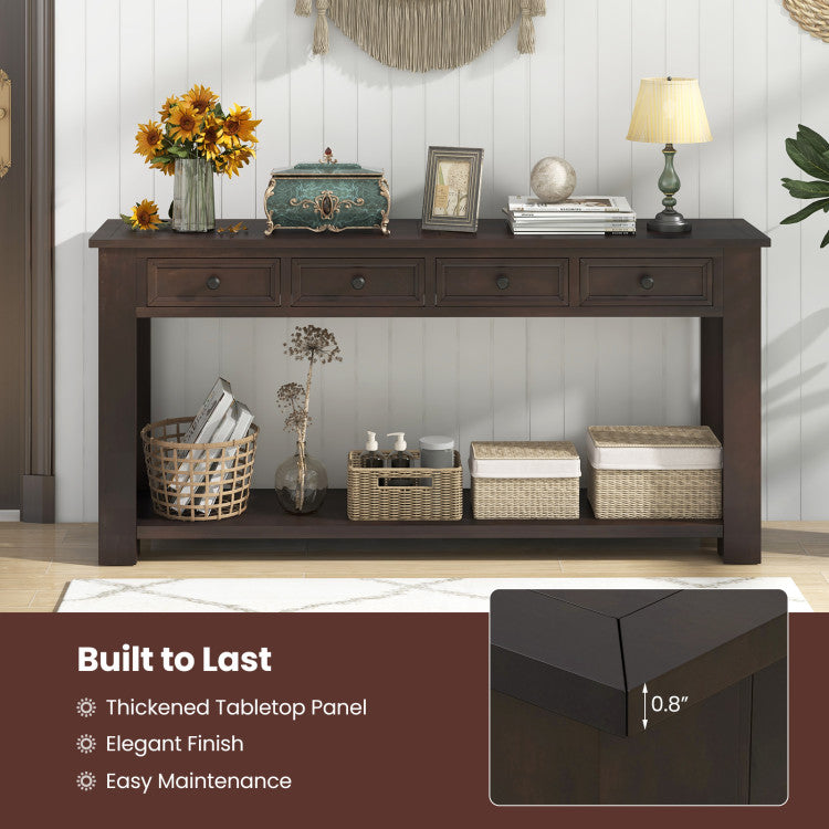 63 Inches Farmhouse Entryway Table with 4 Storage Drawers and Open Shelf
