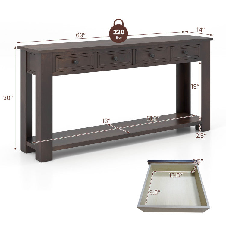 63 Inches Farmhouse Entryway Table with 4 Storage Drawers and Open Shelf