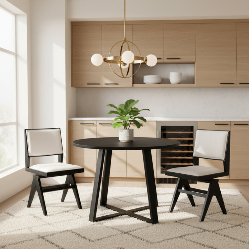 3-Piece Mid-Century Dining Set with 36” round Pedestal Table and 2 Swivel Sherpa Upholstered Chairs
