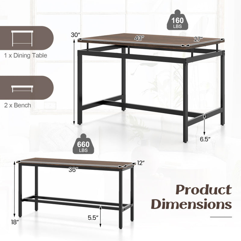 3 Pieces Dining Table Set with Wooden Kitchen Table and 2 Benches