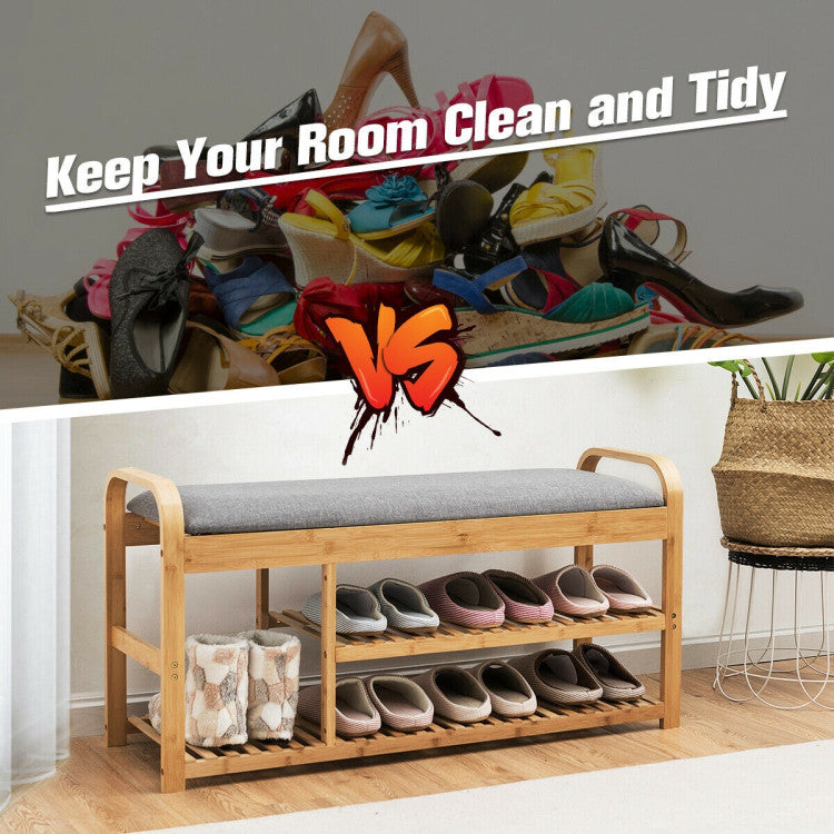 Entryway 3-Tier Bamboo Shoe Rack Bench with Cushion