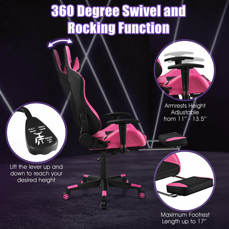 PU Leather Gaming Chair with USB Massage Lumbar Pillow and Footrest