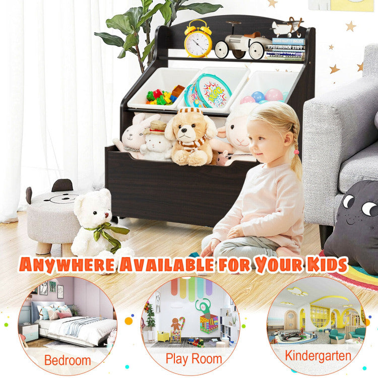 Kids Toy Storage Organizer with Rolling Toy Box and Plastic Bins, Wooden Cabinet