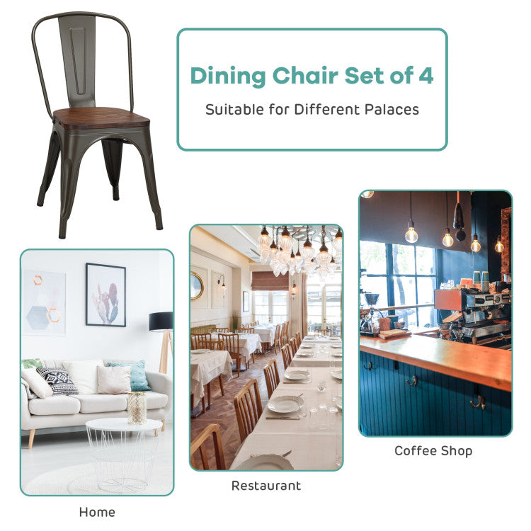 18 Inch Set of 4 Stackable Metal Dining Chair with Wood Seat