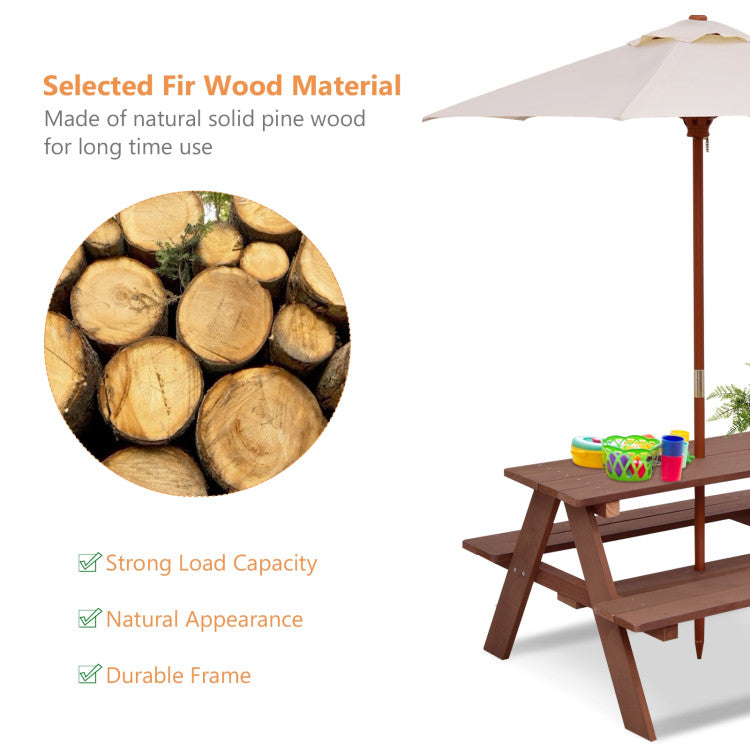 Outdoor 4-Seat Kids Picnic Table Bench Set with Removable Umbrella