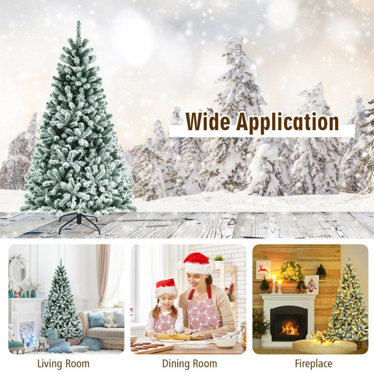 6/7/8 Feet Pre-lit Snow Flocked Christmas Tree with Metal Stand