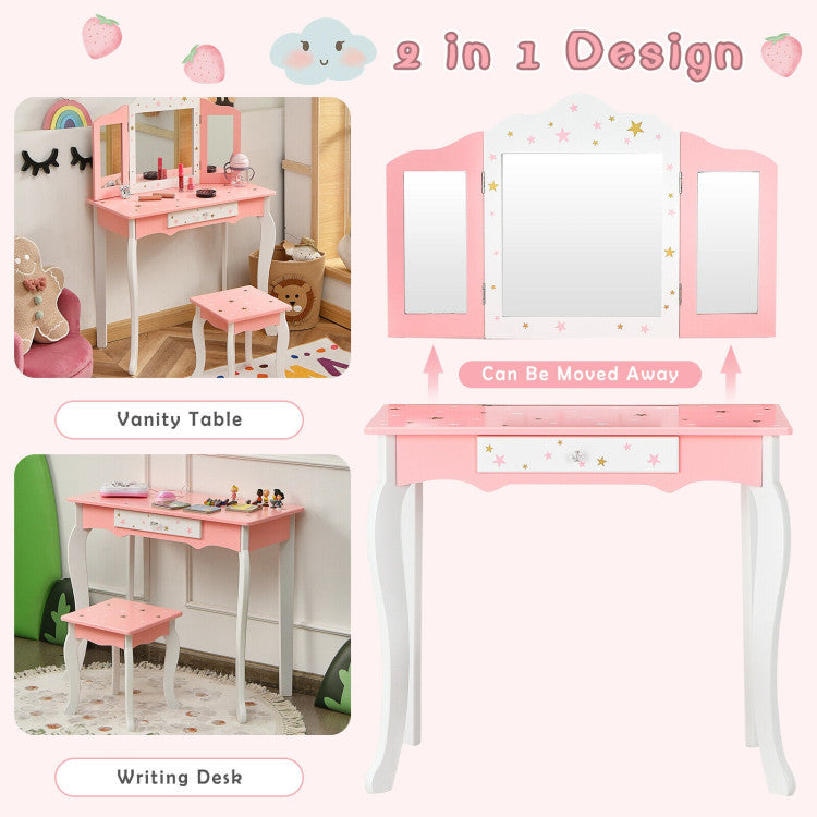 Kids Princess Vanity Table and Stool Set with Tri-folding Mirror and Drawer