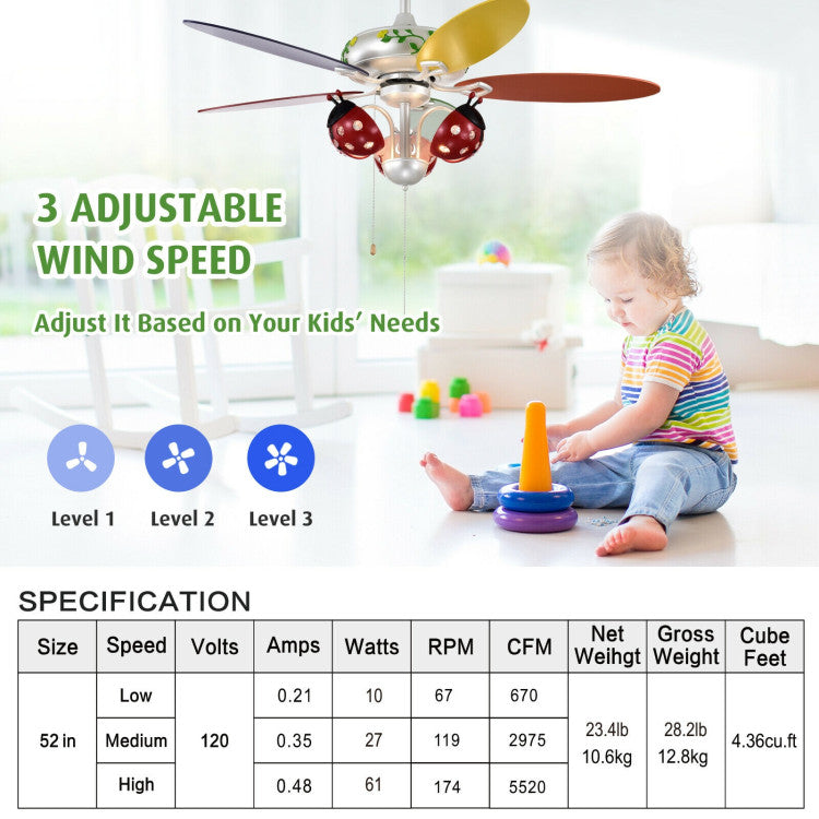 52 Inch Kids Ceiling Fan with Pull Chain Control