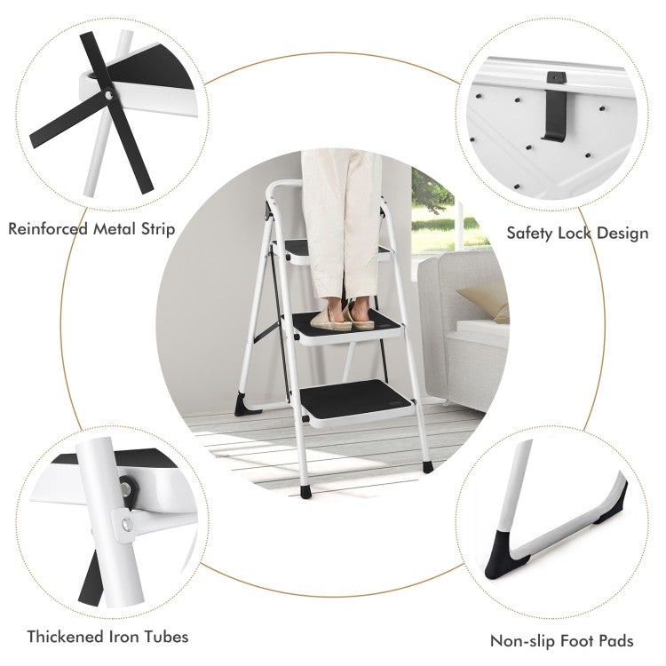 Folding 3-Step Ladder with Handgrip and Anti-Slip Platform