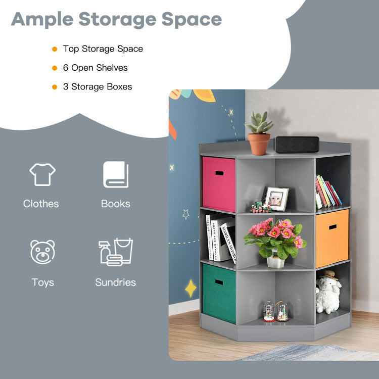 3-Tier Kids Storage Shelf Children Corner Cabinet with 3 Baskets