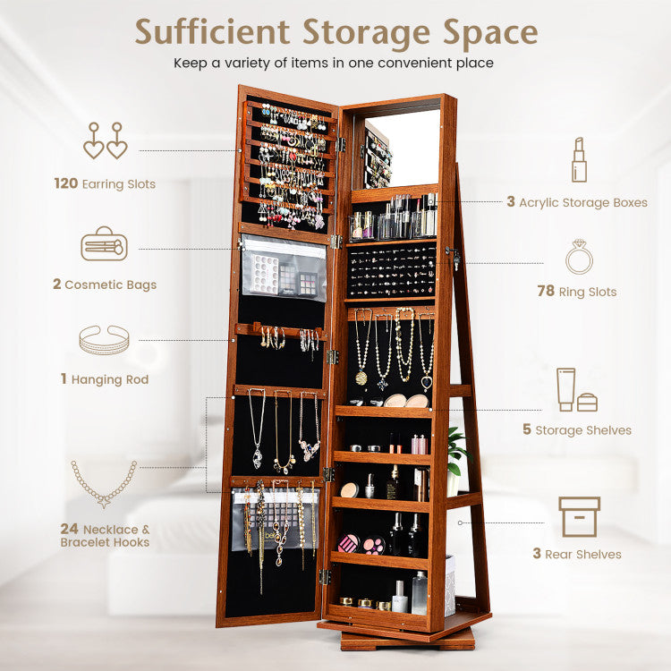 360° Rotatable 2-in-1 Lockable Jewelry Cabinet with Full-Length Mirror