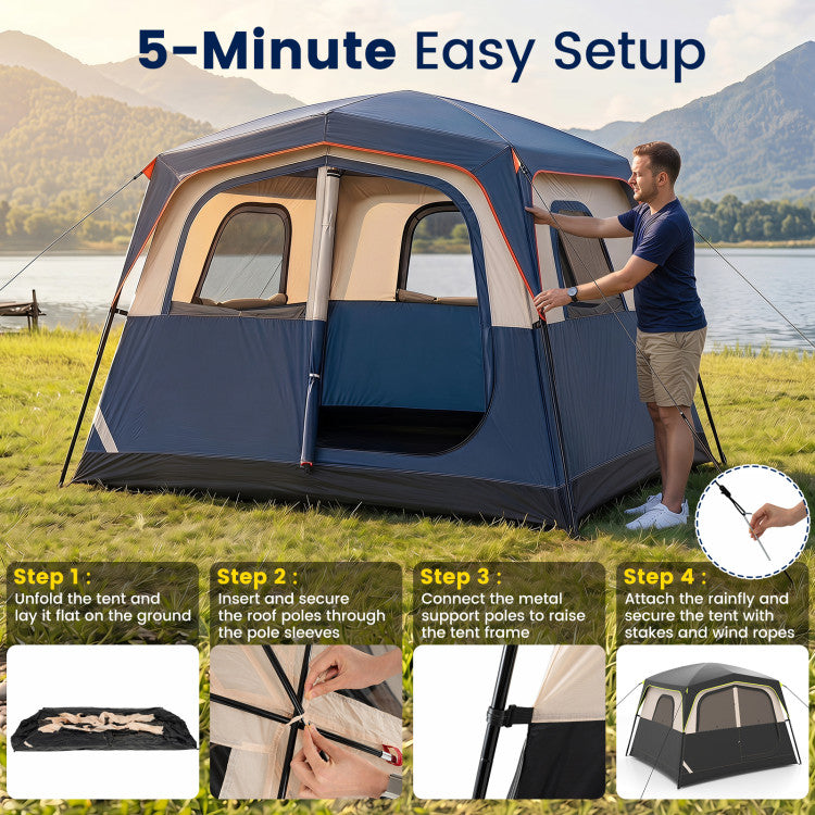 6-Person Camping Tent Easy Setup Family Cabin Tent with Top Rainfly Mesh Windows