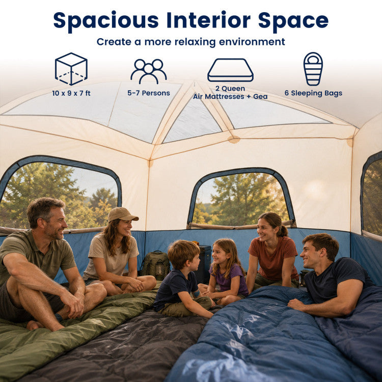6-Person Camping Tent Easy Setup Family Cabin Tent with Top Rainfly Mesh Windows