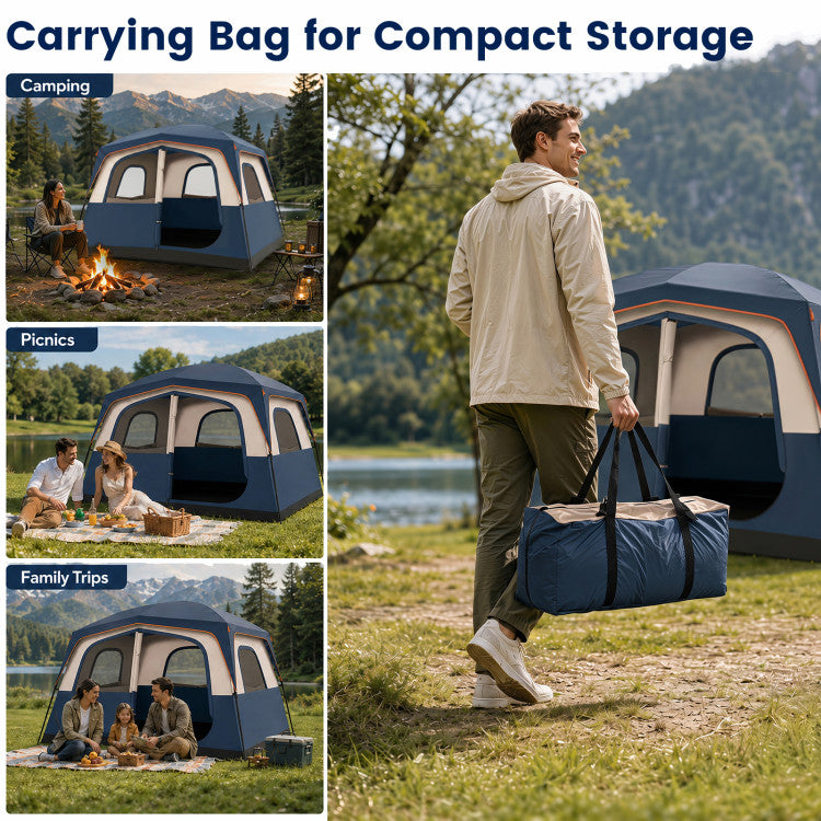 6-Person Camping Tent Easy Setup Family Cabin Tent with Top Rainfly Mesh Windows