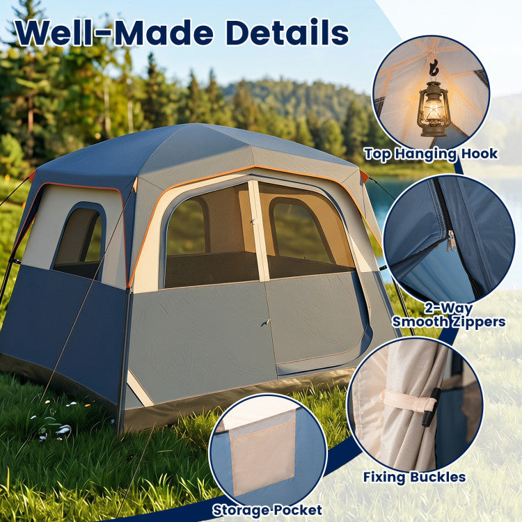 6-Person Camping Tent Easy Setup Family Cabin Tent with Top Rainfly Mesh Windows