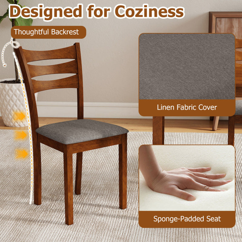 5-Piece Dining Table Set with Linen Fabric Upholstered Chairs and Solid Rubber Wood Frame for 4 People