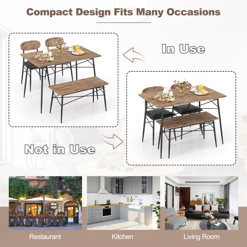 4 Piece Dining Table Set with Bench and 2 Chairs