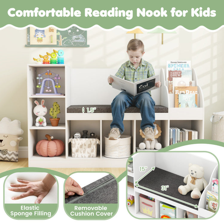 Kids Bookcase with Reading Nook 3-in-1 Standing Toy Organizer