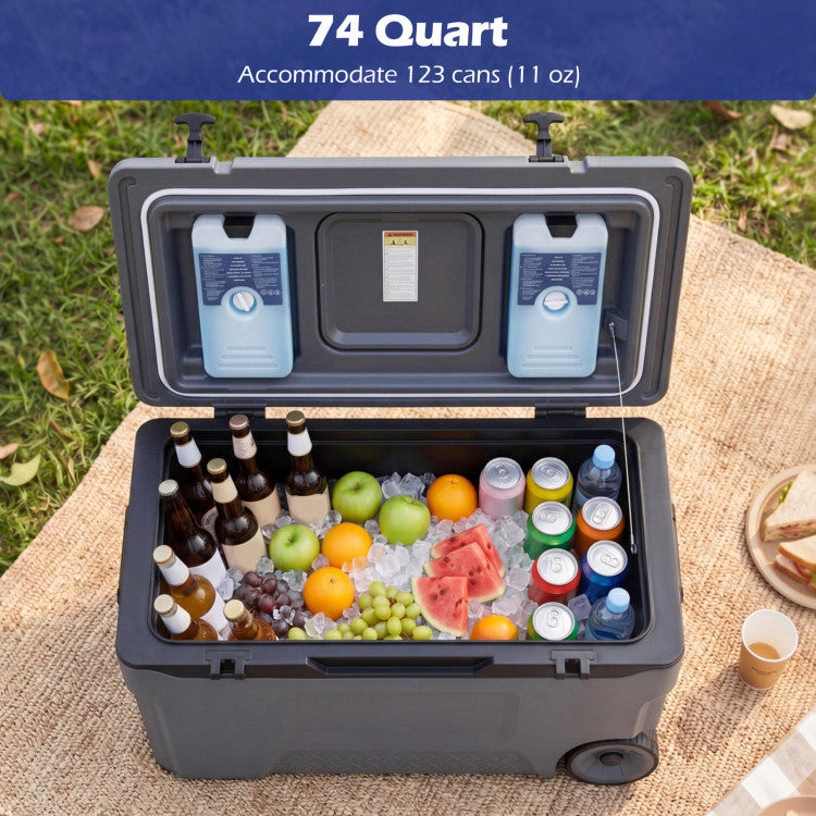 74 Quart Portable Rolling Cooler with Fish Ruler for Outdoor