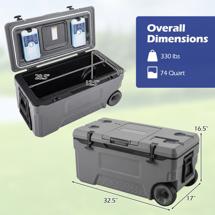 74 Quart Portable Rolling Cooler with Fish Ruler for Outdoor
