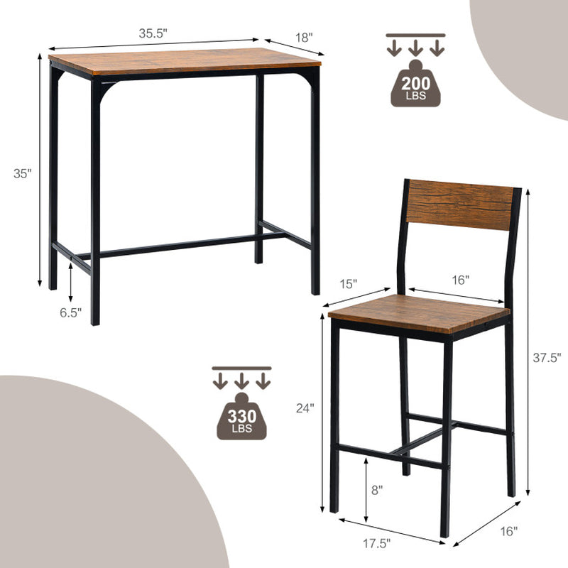3 Pieces Bar Table Set with 2 Chairs Narrow Bar Furniture
