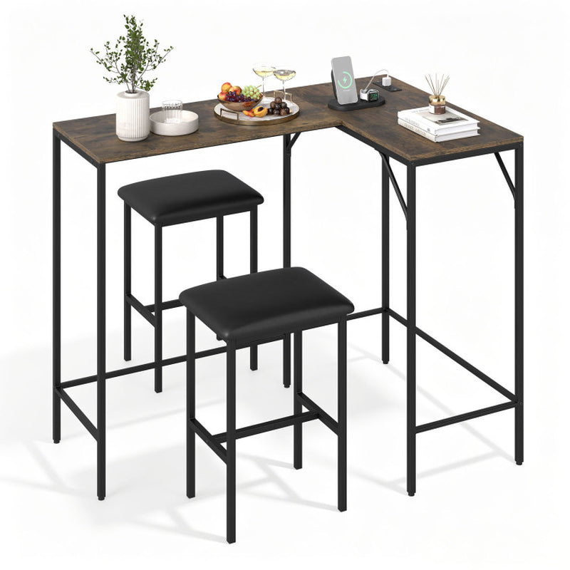 3-Piece Convertible L-Shaped Kitchen Table Chair Set with 2 AC Outlets USB Port and Type-C Port