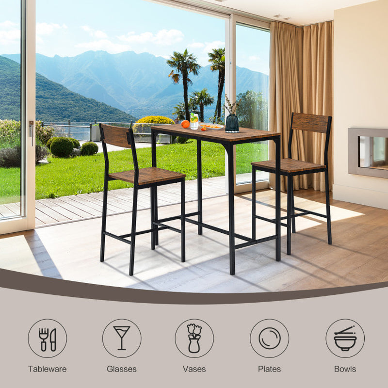 3 Pieces Bar Table Set with 2 Chairs Narrow Bar Furniture