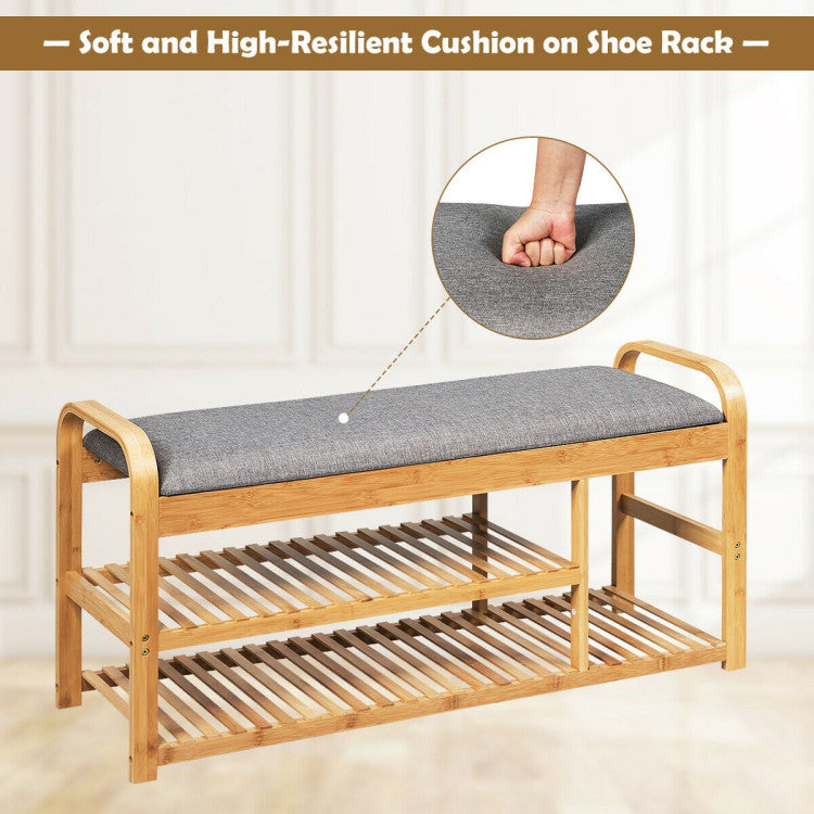 Entryway 3-Tier Bamboo Shoe Rack Bench with Cushion