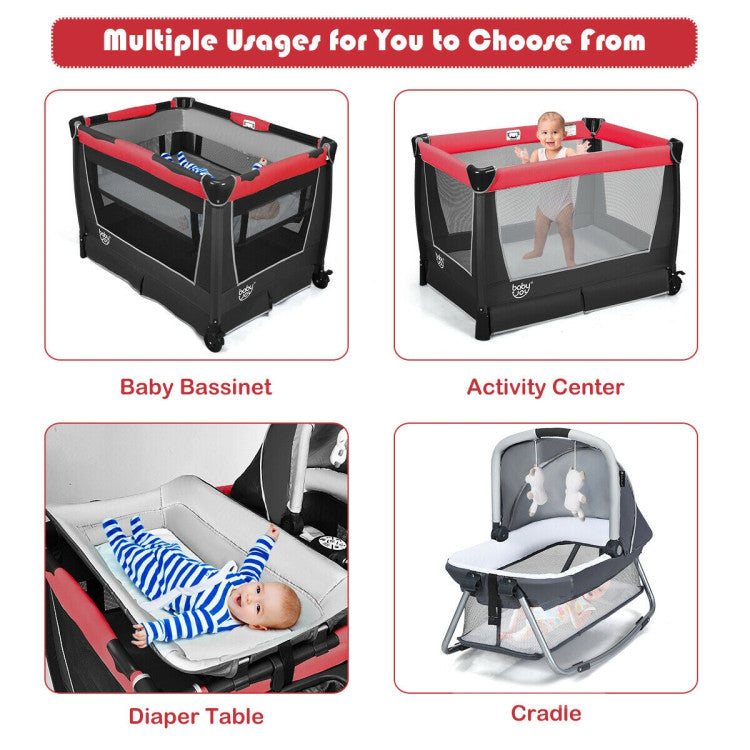 4-in-1 Convertible Portable Baby Play yard with Toys and Music Player