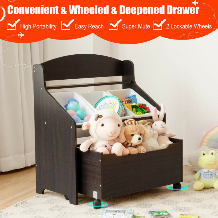 Kids Toy Storage Organizer with Rolling Toy Box and Plastic Bins, Wooden Cabinet